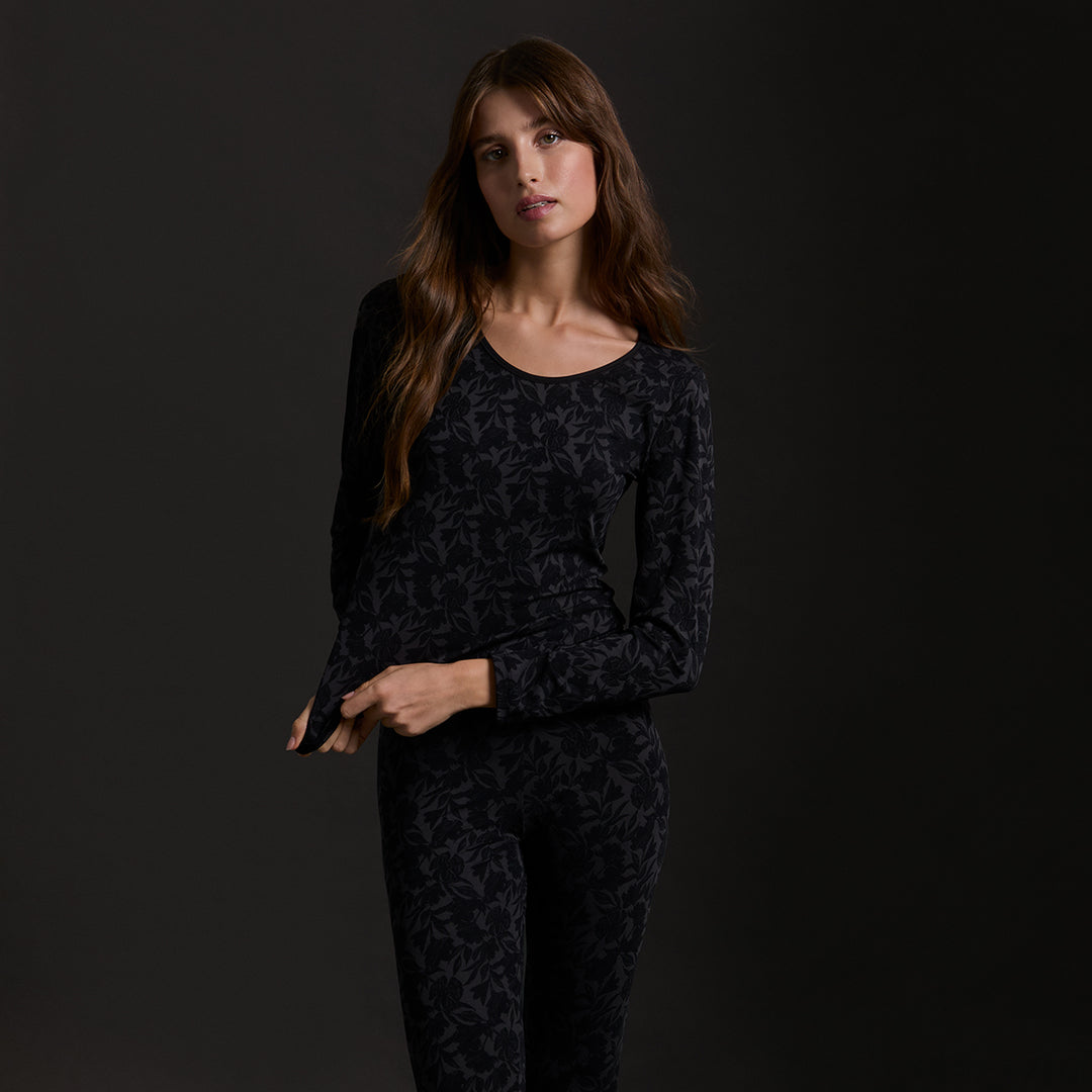 T-shirt manches longues noir imprimé floral - 77097