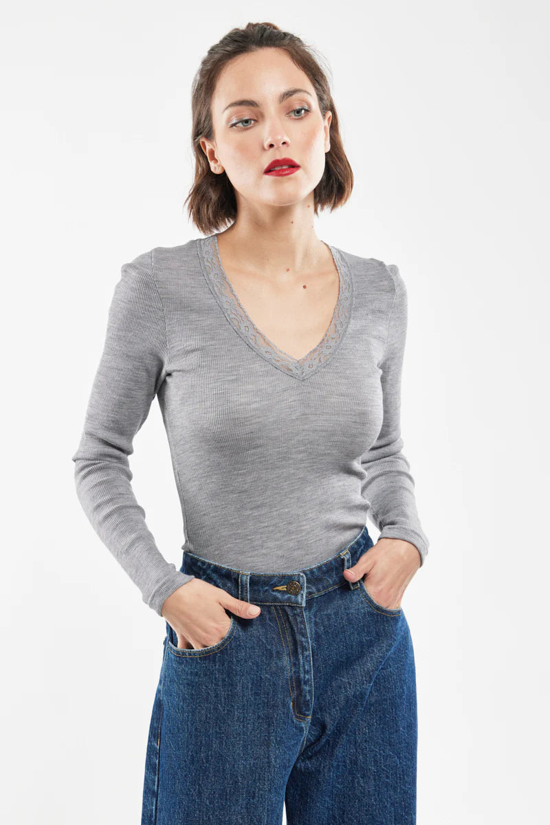 T-shirt manche longue laine &amp; soie Armor lux gris