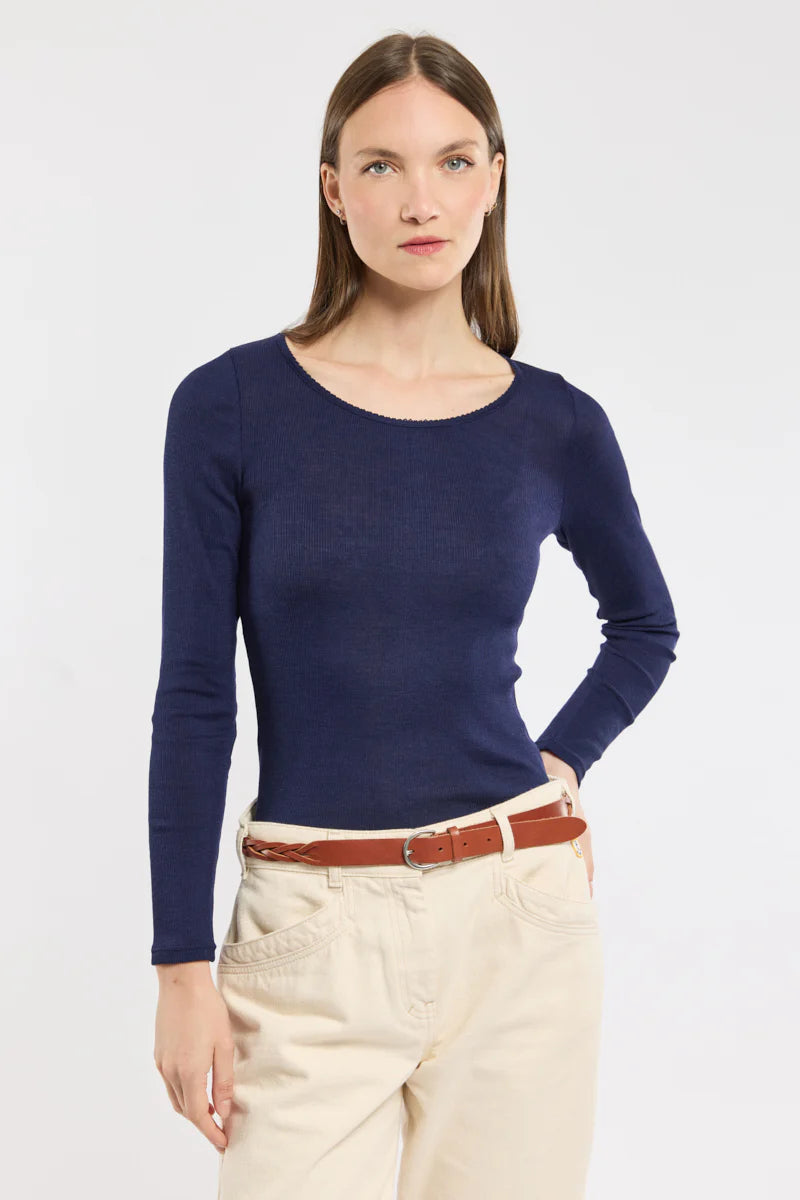 T-shirt manche longue laine &amp; soie  Marine