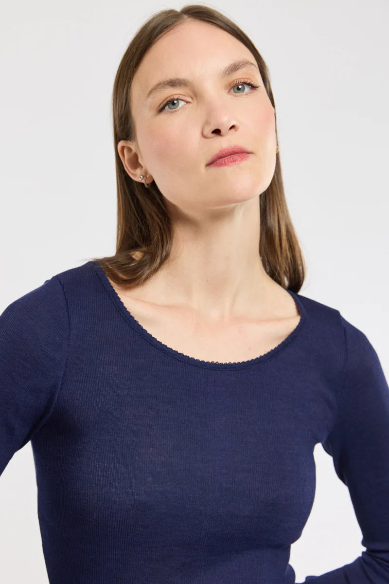T-shirt manche longue laine &amp; soie  Marine