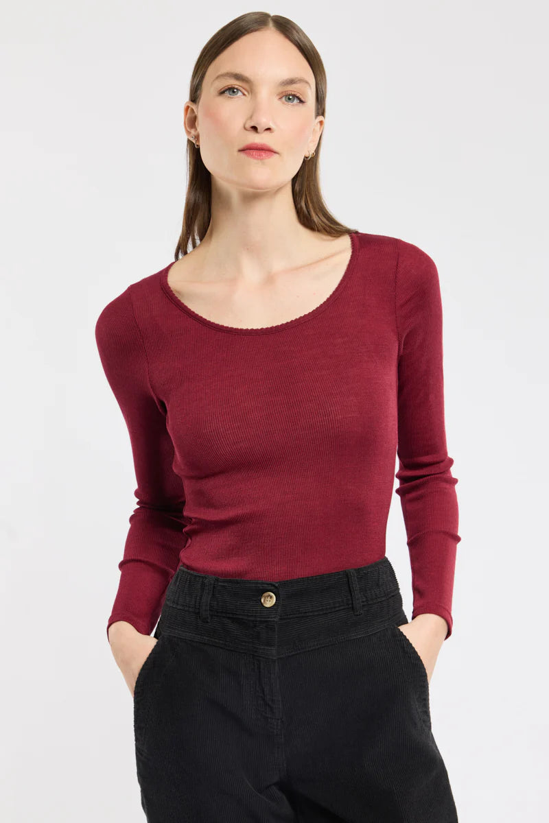 T-shirt manche longue laine &amp; soie Bordeaux
