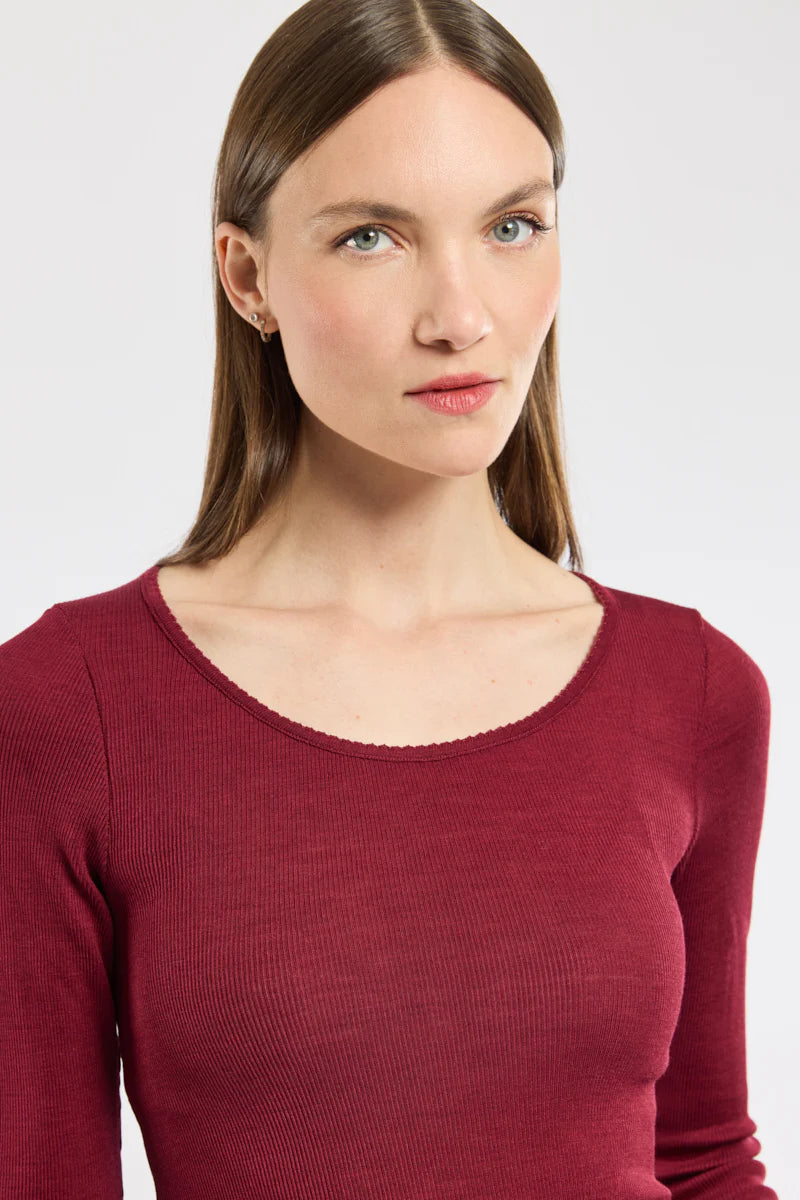 T-shirt manche longue laine &amp; soie Bordeaux