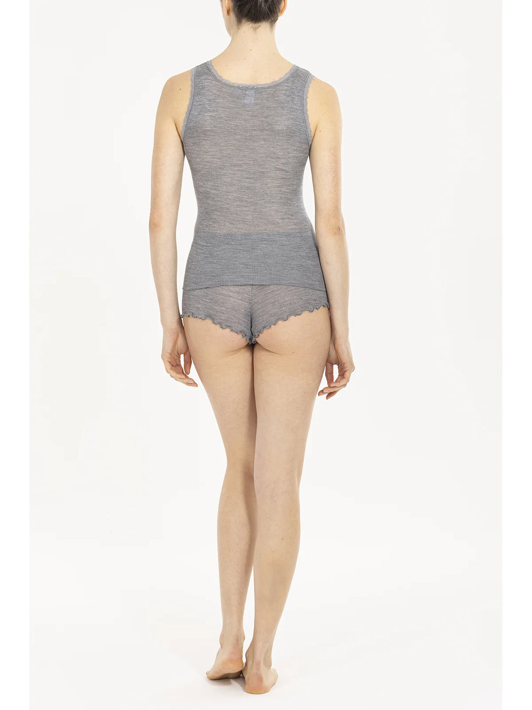 Top laine &amp; soie sans manche col dentelle Gris