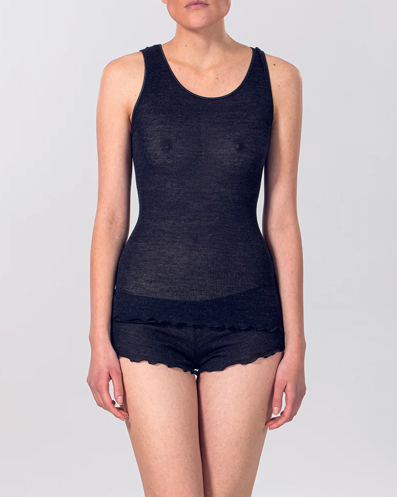 Top laine &amp; soie sans manche noir