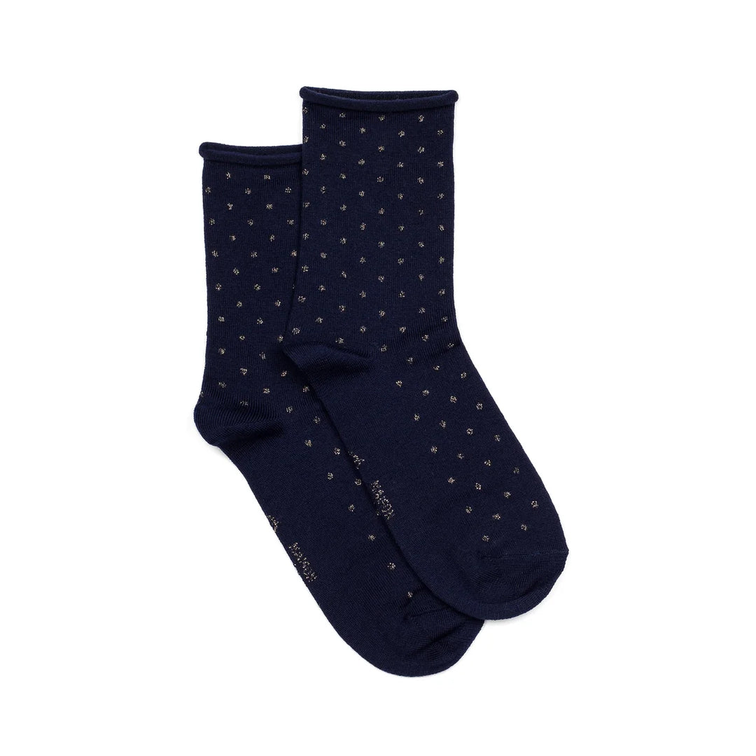 Pois bord roulotté - chaussettes femme - laine Merinos marine