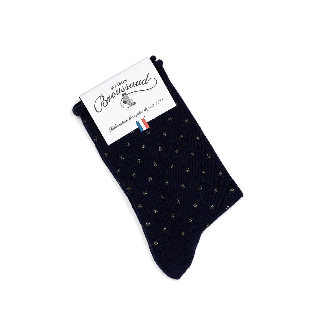Pois bord roulotté - chaussettes femme - laine Merinos marine