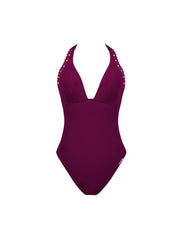 Maillot de bain 1 pièce dos nu  Ajourage Couture Prune