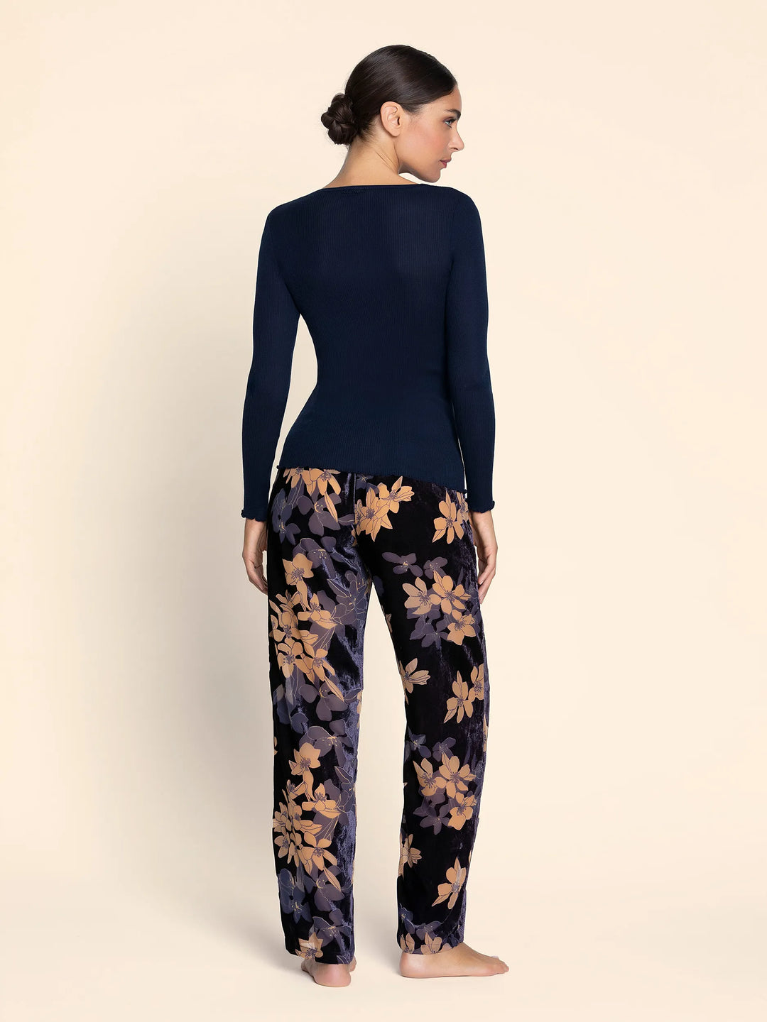 Haut manche longue laine &amp; soie Eclat couture bleu nuit