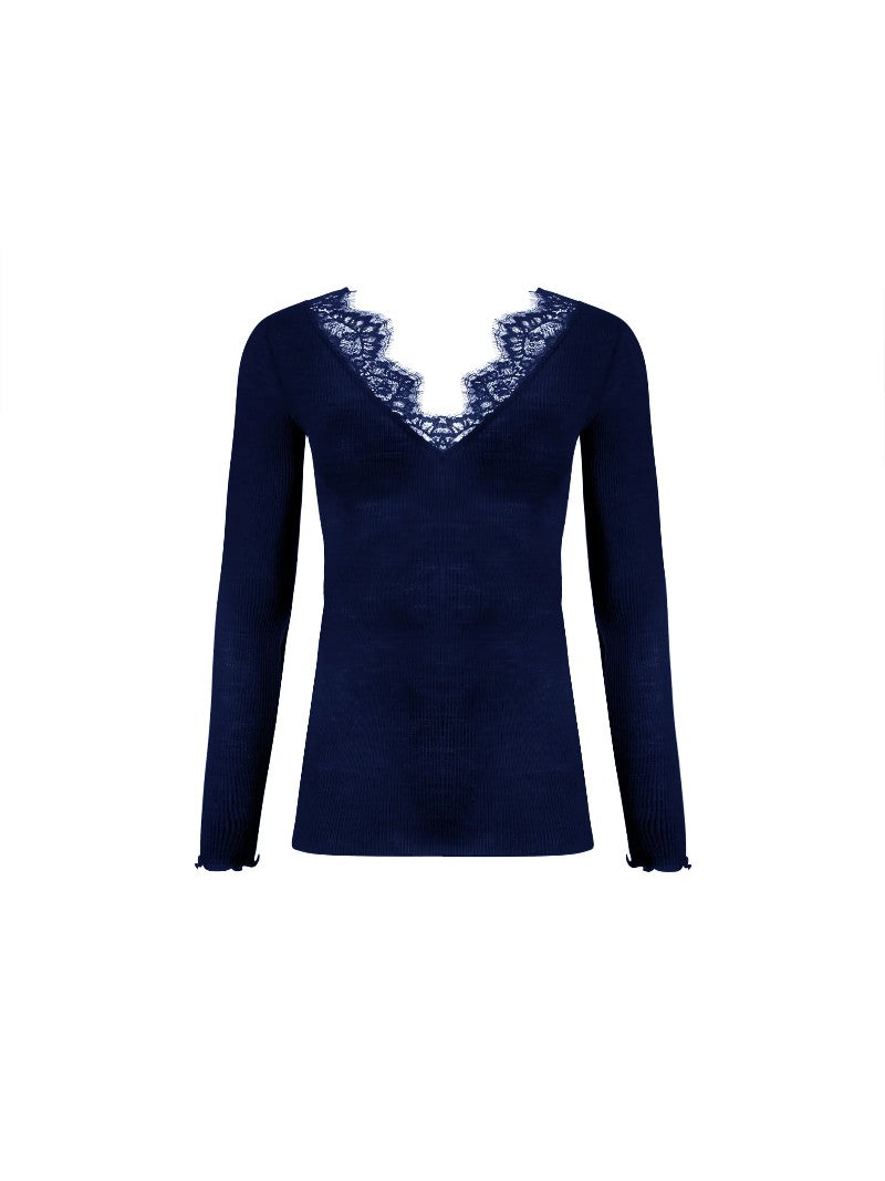 T-shirt manche longue laine et soie plaisir caresse Pierre bleu
