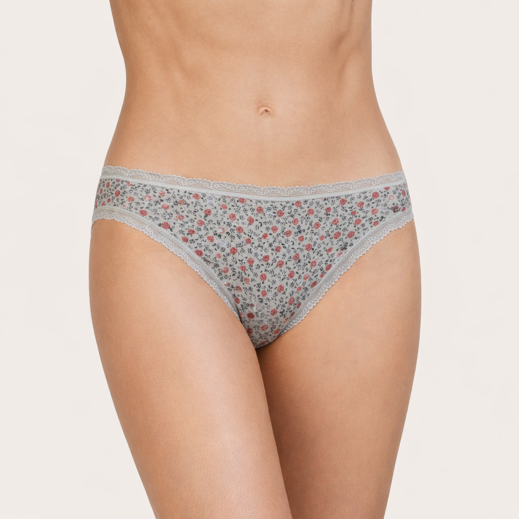 Slip taille basse coton fleuri – rouge &amp; gris