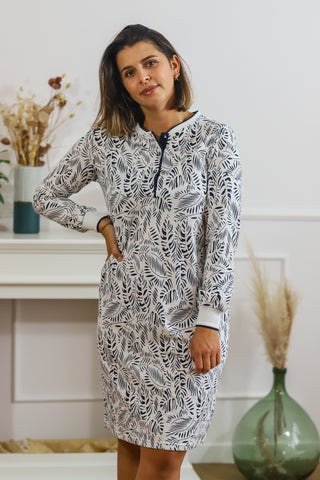 Chemise de nuit coton imprimé bleu et blanc