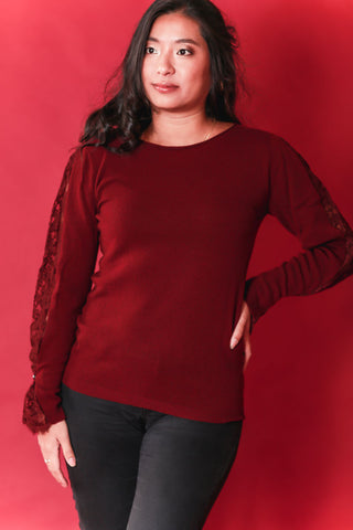 Pull col rond en maille Laine et Soie avec dentelle lie de vin