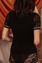 T-shirt manche courte noir modal et dentelle