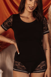 T-shirt manche courte noir modal et dentelle